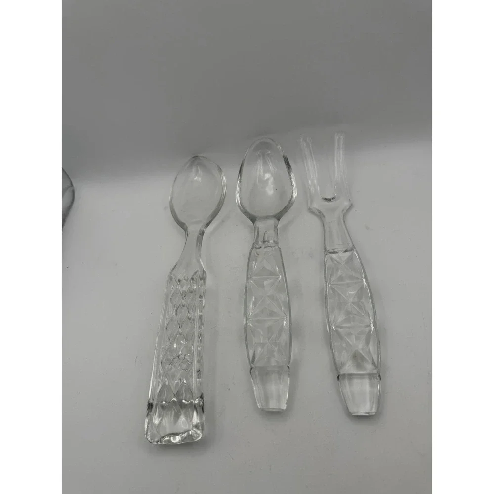 Vintage Clear Cut Glass Condiment Serving Utensils Spoon Fork Set of 3